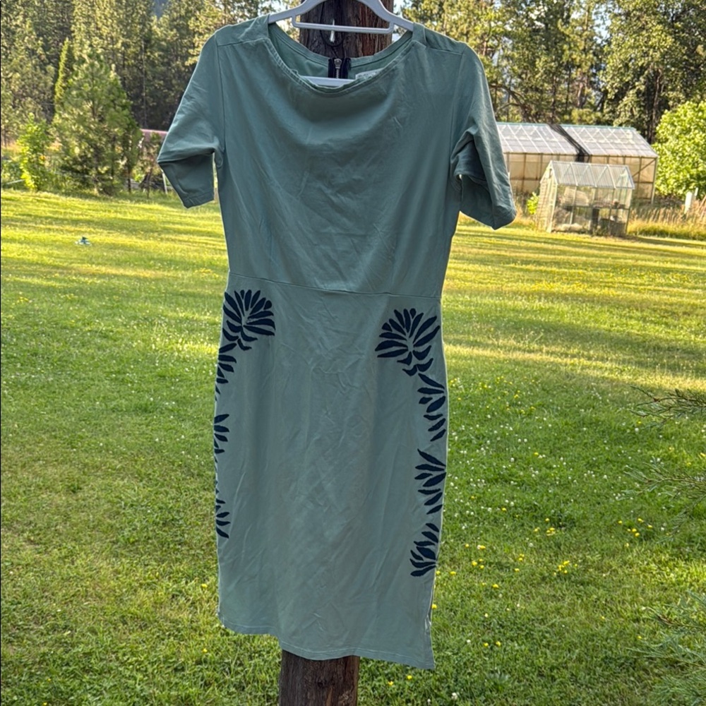 Synergy Organic Clothing Sage Dress with Black Floral Design